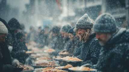 Outdoor Christmas kitchen for homeless people, hot meals being served, warm light and festive details,