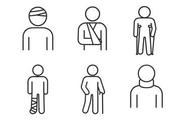 Simple medical icon set depicting injured figures with bandages and crutches