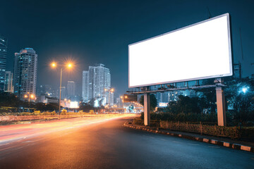 
Blank white road billboard with KL cityscape background at night time. Street advertising poster, mock up. Side view. The concept of marketing communication to promote or sell idea
