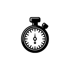 Simple black and white stopwatch icon for time measurement, speed, and deadlines, a classic timer symbol isolated on a white background