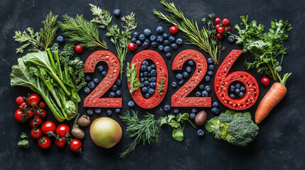 Colorful vegetables and citrus fruit creating 2026 numeric shape, representing nutrition goals against dark rustic surface with fresh produce scattered around