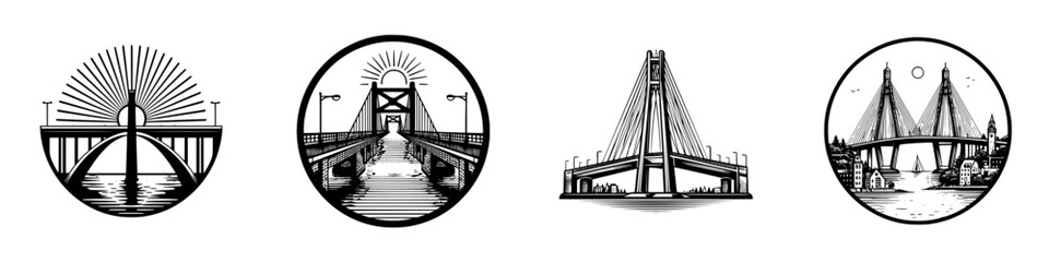 Collection of bridge logo designs in a bold black and white graphic style featuring various architectural structures and cityscapes