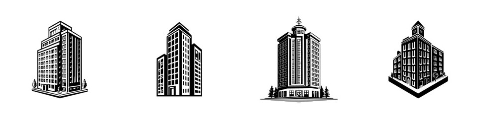 Set of four black and white retro style building icons for business and real estate logos isolated on white background © Andrei