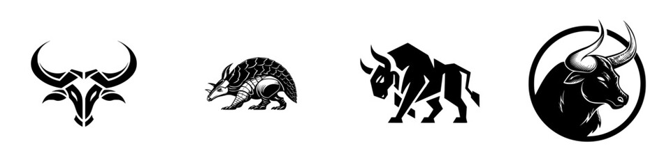 Monochrome animal mascots with bull heads, a powerful bison, and a detailed armadillo in tribal and geometric styles for logos or emblems