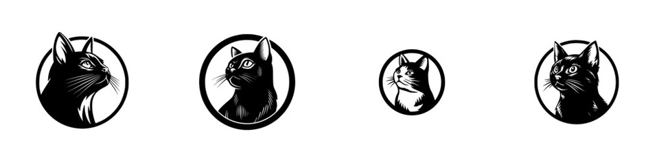 Collection of black cat head icons in a circular frame, a graphic emblem set for a pet shop or veterinary clinic brand identity