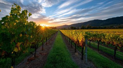 Naklejka premium Golden sunrise over vineyard rows, grapes and leaves catching first light.