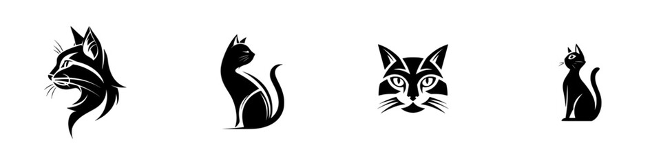 Set of black cat icons in various poses including profile, sitting, and frontal view for logo design or tattoo art, minimalist feline silhouettes isolated on a white background