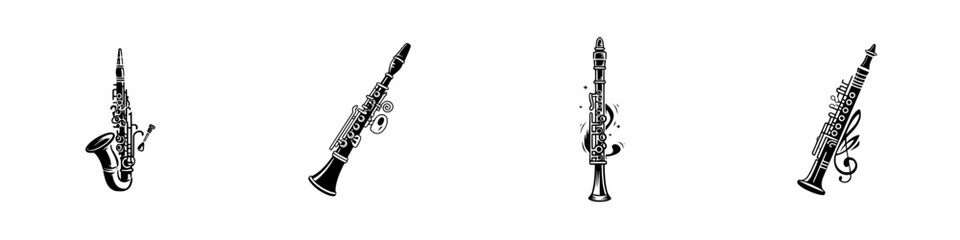 Collection of black clarinet silhouettes, woodwind musical instrument icons for classical and jazz music design elements isolated on a white background © Andrei