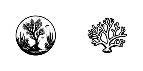 Black and white coral reef underwater scene with fish and seaweed in a circle emblem and a separate isolated coral icon set