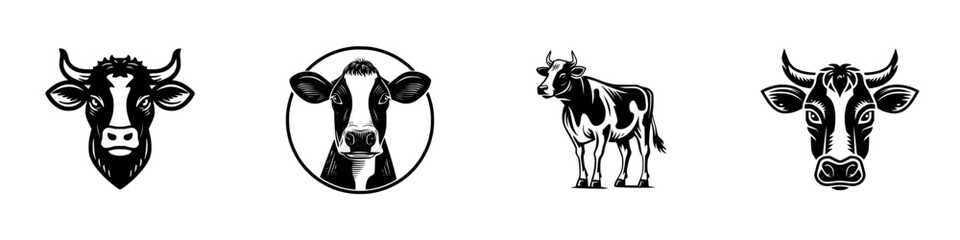 Set of four black and white cow head and full body logos for dairy farm or beef industry branding isolated on white background