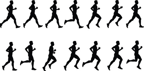 \Running Silhouette Sequence, Human Jogging, Full Black Silhouettes of People in Action, Fitness and Exercise Movement Illustration, Vector Design