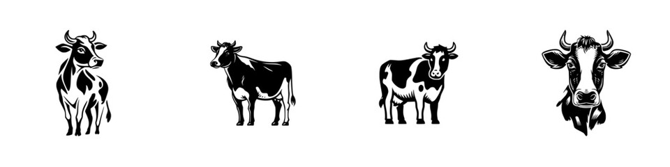 Set of four black and white cow icons for farm animal logos, dairy product emblems, or cattle silhouettes isolated on a white background