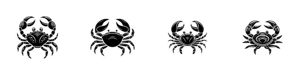 Set of four black crab icons in a stylized silhouette design for logos or emblems isolated on a white background