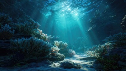 Obraz premium Sunbeams pierce a vibrant underwater coral reef