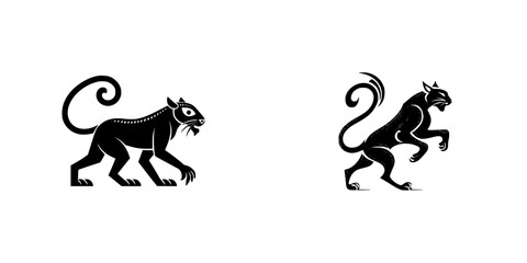 Set of two black panther silhouettes in ancient heraldic style, mythical beast walking and in rampant pose for logo or emblem design