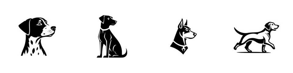 Collection of stylized dog breed icons in black and white including Dalmatian, Doberman, and Beagle for logo or symbol design © Andrei