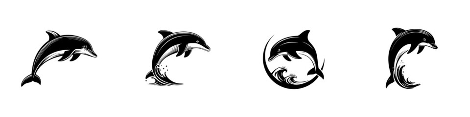 Set of four black and white dolphin icons jumping over waves, minimalist logo design elements for marine life concepts