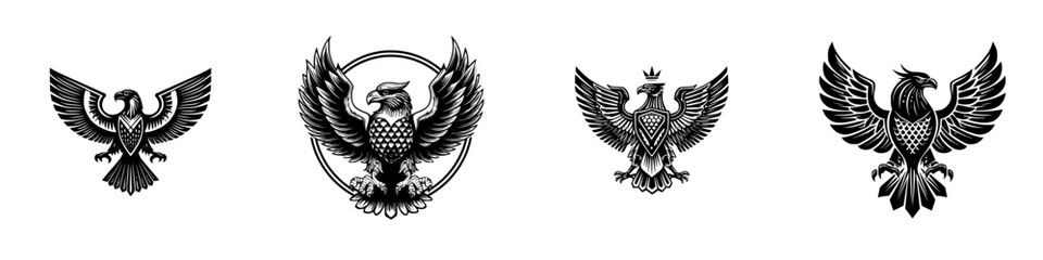 Set of four black and white heraldic eagle emblems with spread wings for logo design and corporate identity
