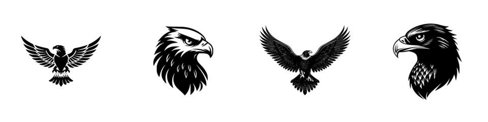 Collection of black eagle silhouettes for logo design and emblems, featuring dynamic flying birds and detailed head profiles