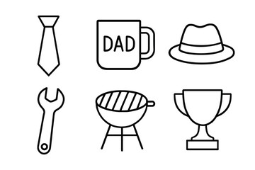Father's day icon set: tie, dad mug, hat, wrench, grill, trophy illustrations