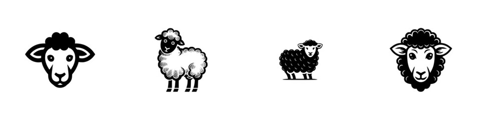 Set of black and white sheep icons for logos and emblems, collection of farm animal symbols isolated on a white background