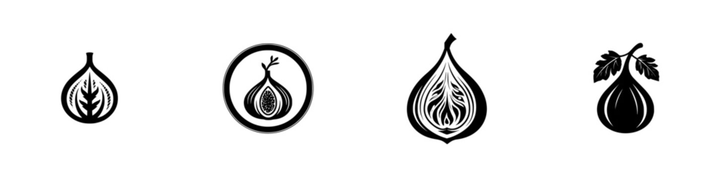 Set of stylized black fig fruit icons and logo templates for branding. Minimalist collection of whole and cross-section fruit symbols