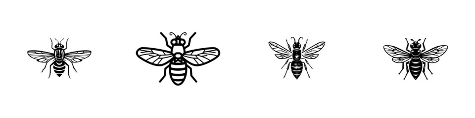 Set of four black and white bee and wasp icons in a minimalist graphic style isolated on a white background for logo or tattoo design