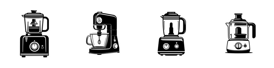 Set of black and white kitchen appliance icons including a blender, stand mixer, and food processor isolated on a white background