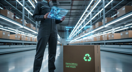 Person interacting with digital interface controlling an automated warehouse system with tablet. Futuristic logistics and smart factory concept