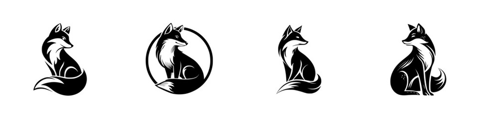 Set of four minimalist fox logo designs in a clean black and white style for modern corporate identity and branding applications