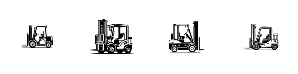 Set of black and white forklift truck icons for warehouse and logistics industry isolated on a white background