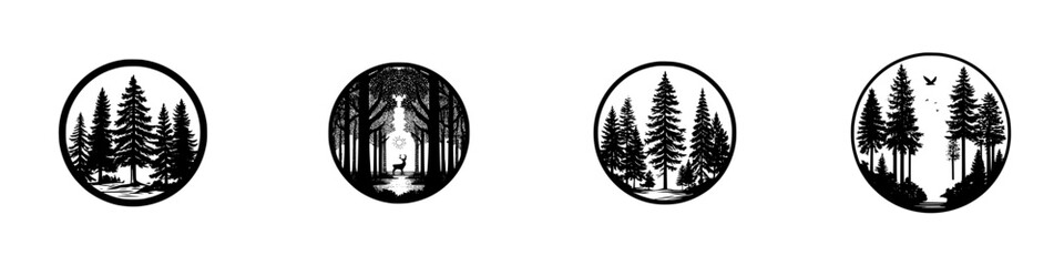 Set of circular black and white nature logos with forest scenes featuring pine trees, a deer silhouette, and birds in flight