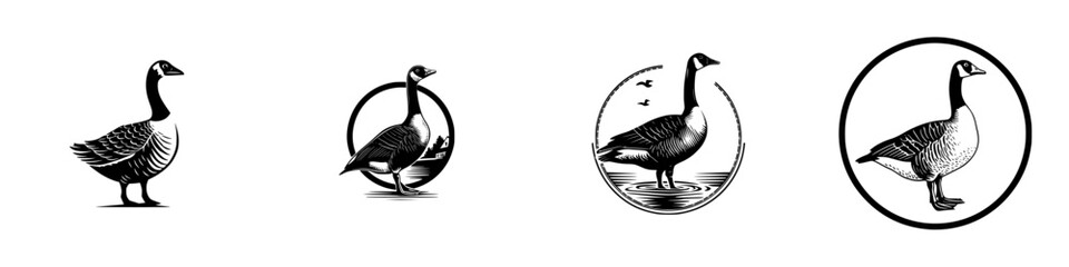 Set of Canada goose logos in a vintage woodcut style, black and white wildlife bird icons for branding and emblems