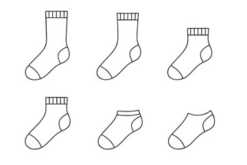 Set of diverse sock designs: ankle, crew, no-show styles in line art pattern