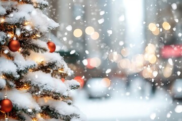 Obraz premium Festive snowy christmas tree with golden ornaments in winter wonderland setting