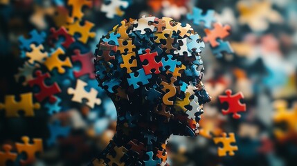 A person's head surrounded by colorful puzzle pieces. Video of a puzzle with realistic pieces marking the question. National puzzle day explores the cognitive depths of fields. A person's lifestyle.