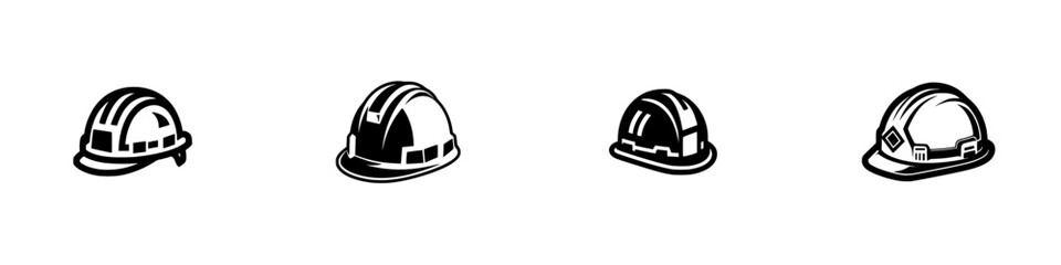 Set of black and white hard hat icons for construction and industrial safety isolated on a white background