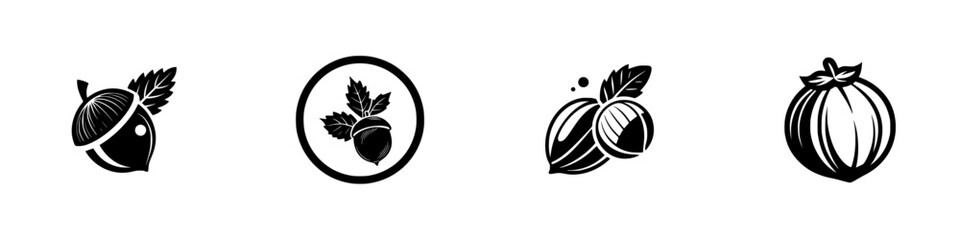 Graphic set of black and white nut icons including acorn, hazelnut, and walnut, simple silhouette symbols for food or nature logos