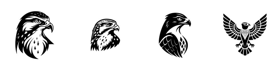 Black and white set of falcon head portraits and a hawk emblem with open wings, isolated graphic icons for logos