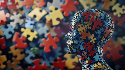 A person's head surrounded by colorful puzzle pieces. Video of a puzzle with realistic pieces marking the question. National puzzle day explores the cognitive depths of fields. A lifestyle person's.