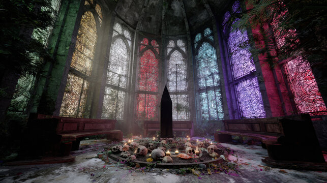 An ancient cathedral in ruins, overtaken by nature and filled with unsettling relics, where eerie stained-glass windows cast a ghostly glow. A dark ritualistic circle surrounds a pulsating black obeli