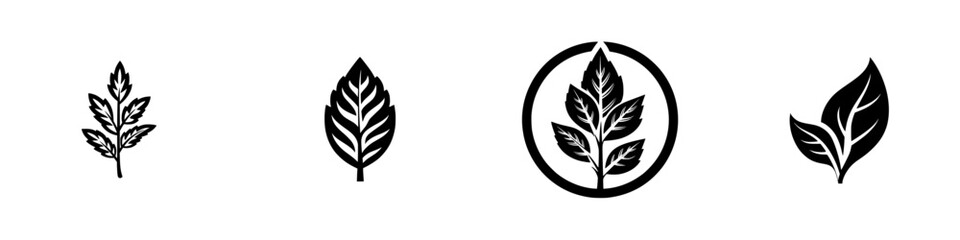Set of black leaf icons for nature and ecology logos, minimalist plant symbols isolated on a white background