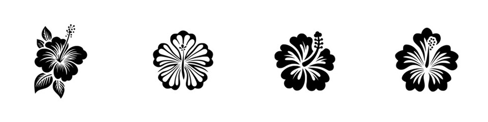 Set of four black hibiscus flower silhouettes isolated on a white background for tropical summer design and decoration © Andrei