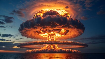 Massive mushroom cloud explosion over ocean at dusk