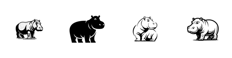 Set of black and white hippopotamus icons for logo design, featuring various graphic styles from silhouette to line art