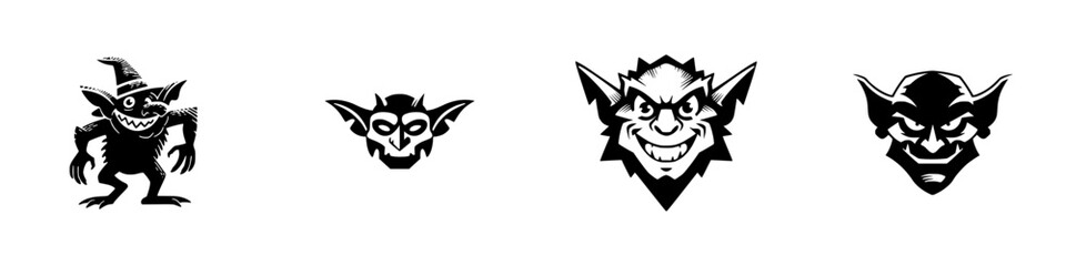 Set of goblin monster heads and fantasy creature characters in a black and white silhouette style for logos or mascots