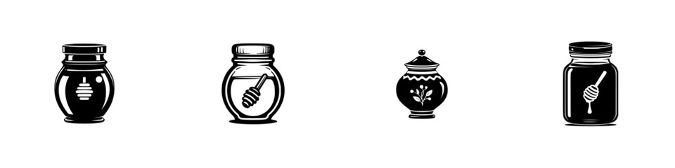 Set of black and white honey jar icons with dippers in a simple glyph style isolated on a white background