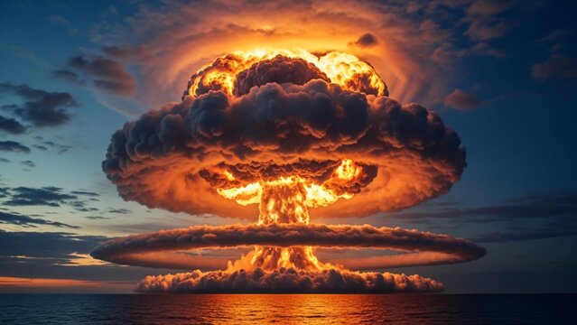 Massive mushroom cloud explosion over ocean at dusk