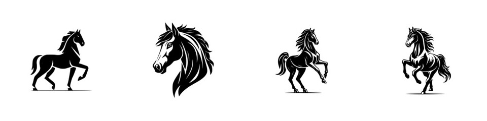 Collection of four stylized black horse icons showing different poses like trotting, rearing, and a head portrait for a powerful logo or emblem design