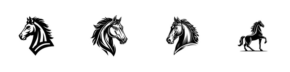 Set of four black horse head logos and stallion mascot icons for equestrian sports teams or company branding